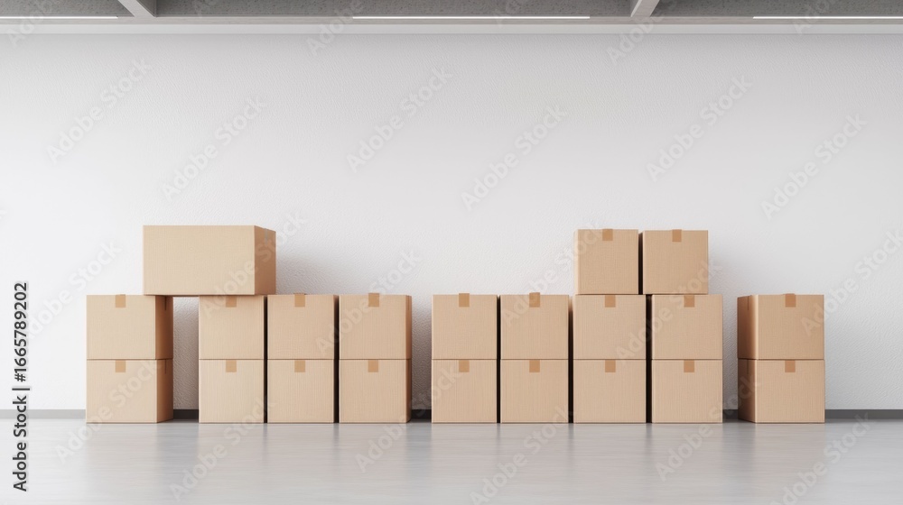 Poster stacked cardboard boxes and crates in a modern minimalist distribution warehouse with a neutral whit