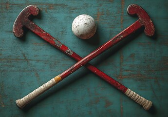 Two vintage red field hockey sticks crossed with a white ball on teal wood sports equipment