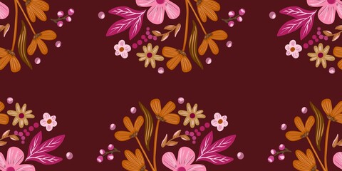 Autum Winter Pattern Background Illustration For Cover, Banner, Notes. Fall Winter Aesthetic Background.  Plant And Flower Pattern Background.