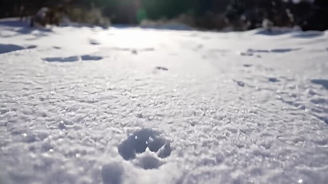 Animal footprints sink into a crisp layer of white snow on a bright, cold day