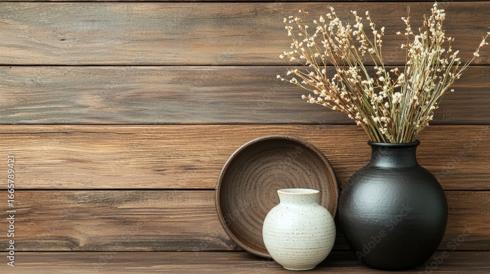 Poster beautifully arranged flowers in a simple vase set on a rustic wooden table creating a tranquil and e