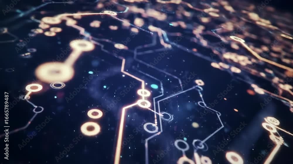 Poster futuristic circuit board design data flow visualization