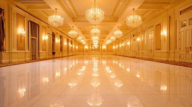 Elegant ballroom with shimmering chandeliers illuminating polished floor, perfect for events and gatherings