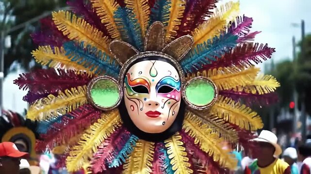 Vibrant colorful costume with feathered headdress, decorative mask, and street background