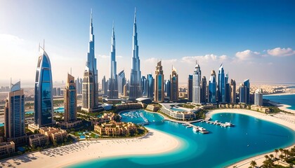 Dubai Skyline with Beach, and Aerial View.