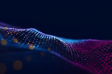 Digital data stream background with glowing blue and purple particles. Abstract digital landscape of virtual space.
