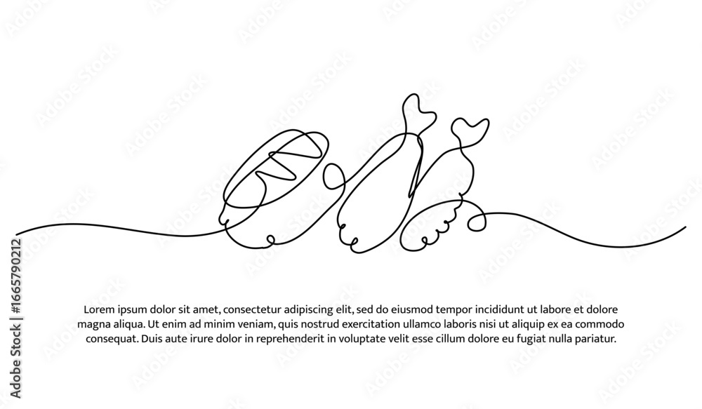Poster one line of seafood. abstract minimal continuous line.