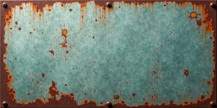 Rustic teal metal plate with aged patina and corrosion showing rivets and edge detail