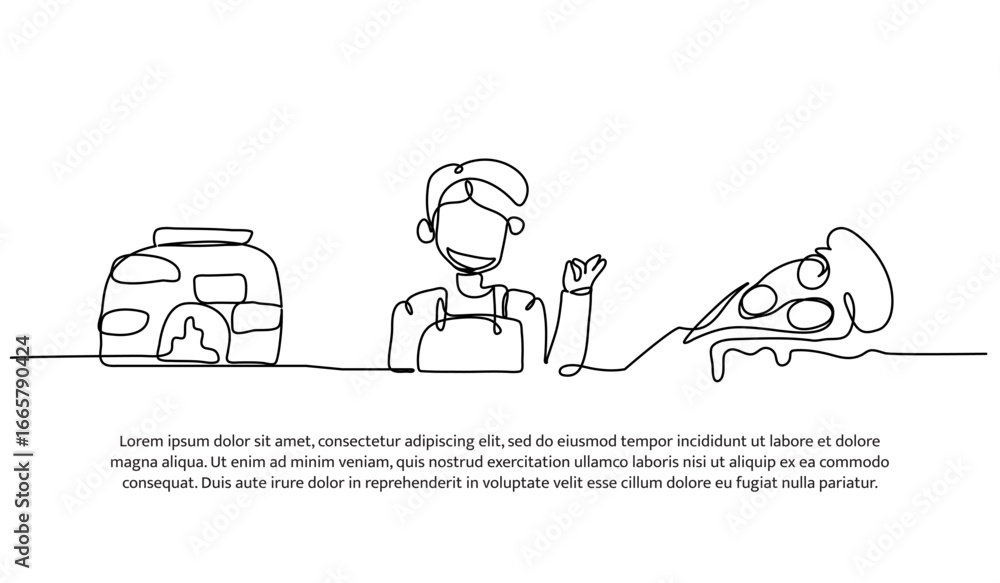 Poster continuous line design of pizza making by waiter. single line decorative element drawn on white.