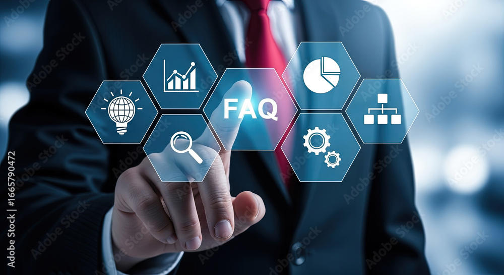 Poster businessman in suit presses the faq button among data icons on virtual interface