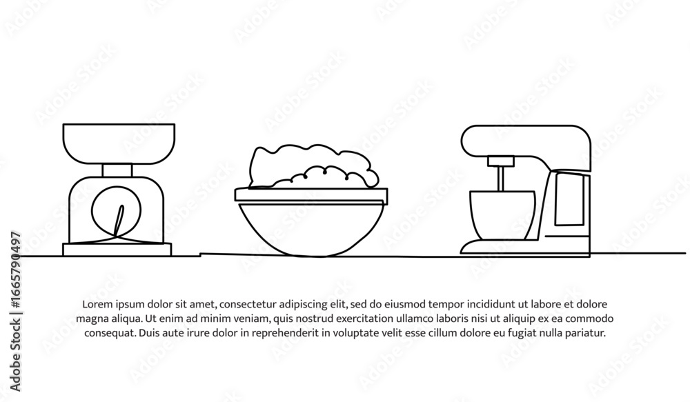 Poster continuous line design of measure the dough then mix it. single line decorative element drawn on whi