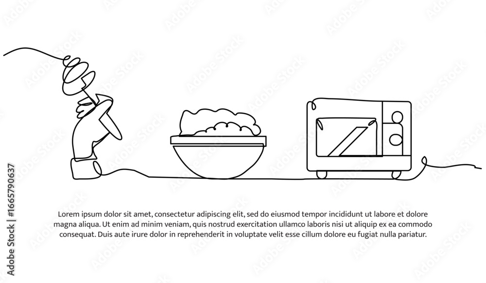 Poster continuous line design of mixing the dough in a bowl then bake it. single line decorative element dr