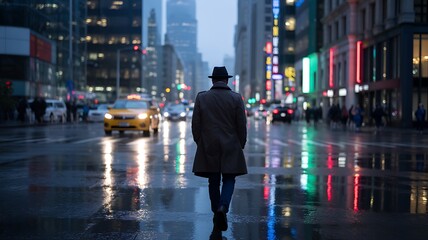 Obraz premium Man in hat and trench coat walking through wet city street at night with neon lights reflection