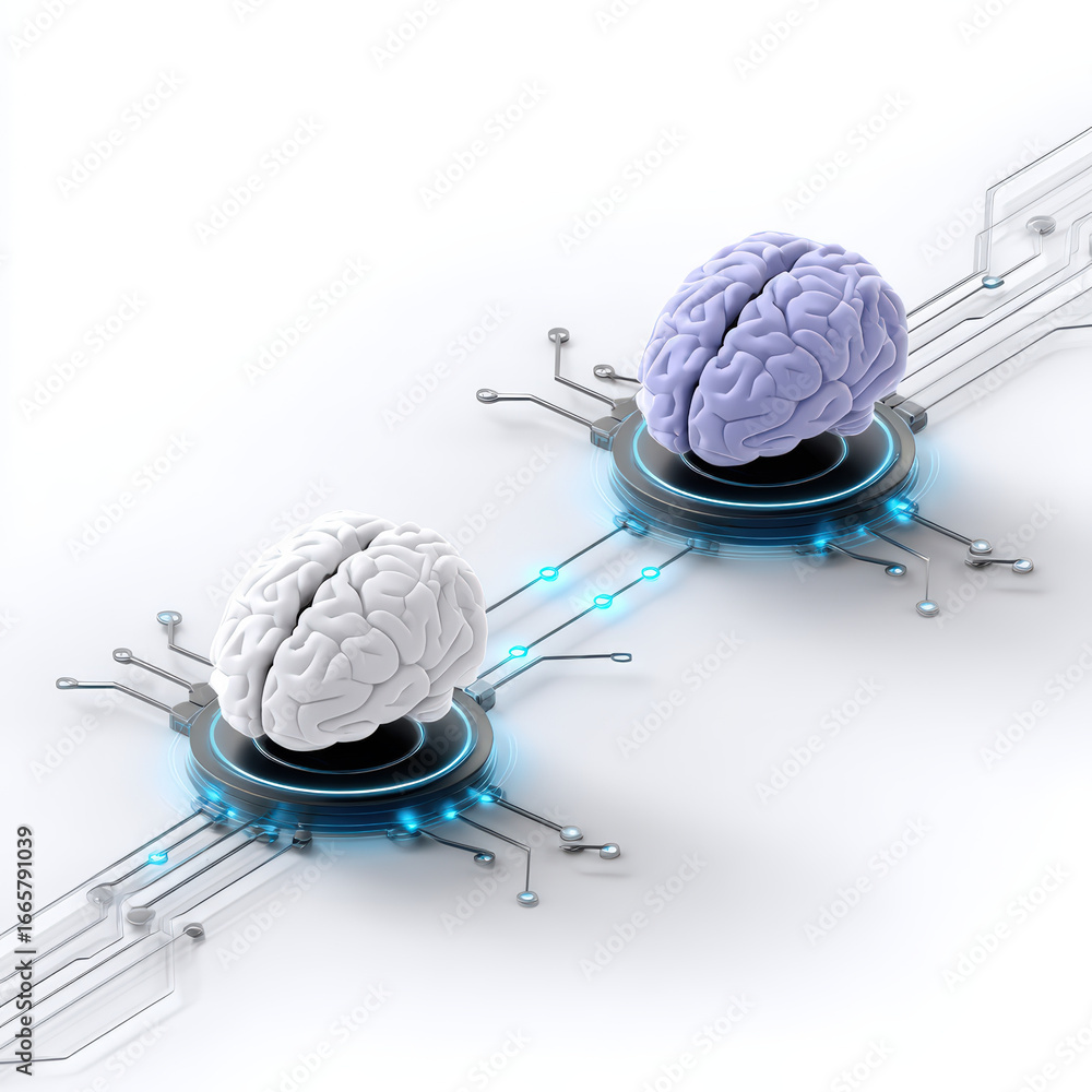 Aufkleber digital representation of two brains, one white and one purple, connected by branching data paths, s
