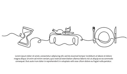 Continuous line design of serve food on time. Single line decorative element drawn on white.
