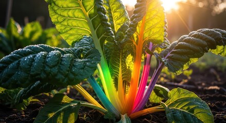 Vibrant Rainbow Chard Plant Illuminated by Golden Sunlight in Garden Setting