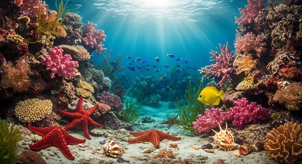 Obraz premium Vibrant Underwater Scene: Coral Reef, Starfish, and Diverse Marine Life in Sunlight
