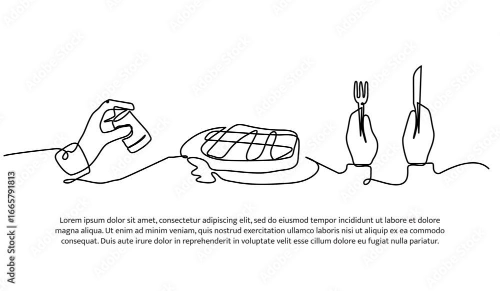 Poster continuous line design of eating food from a hot plate. single line decorative element drawn on whit
