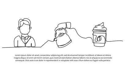 Continuous line design of the waiter pours water and serves ice cream orders. Single line decorative element drawn on white.