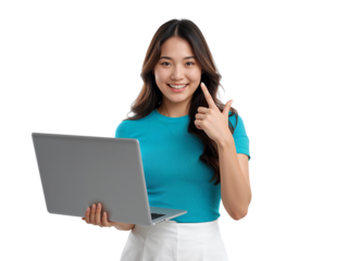 Enthusiastic young asian woman holding laptop presents technology innovation with cheerful