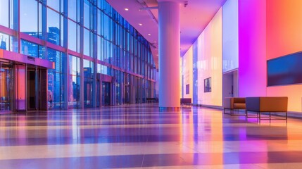 Modern interior of a brightly lit urban building showcasing colorful lighting and sleek design elements
