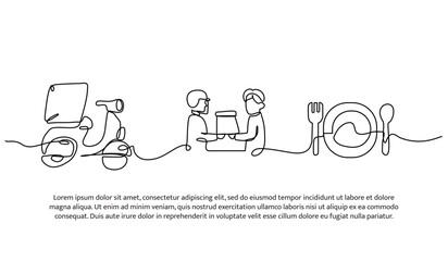 Continuous line design of food delivery. Single line decorative element drawn on white.