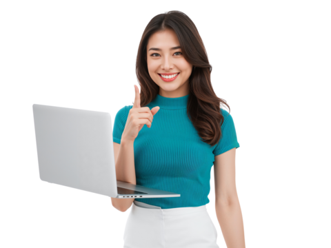 Enthusiastic Asian Woman Presenting Laptop with Confidence on Isolated Transparent Canvas
