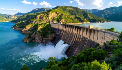 Majestic dam structure with powerful water flow cascading into a serene reservoir, surrounded by verdant mountains under a bright sky.