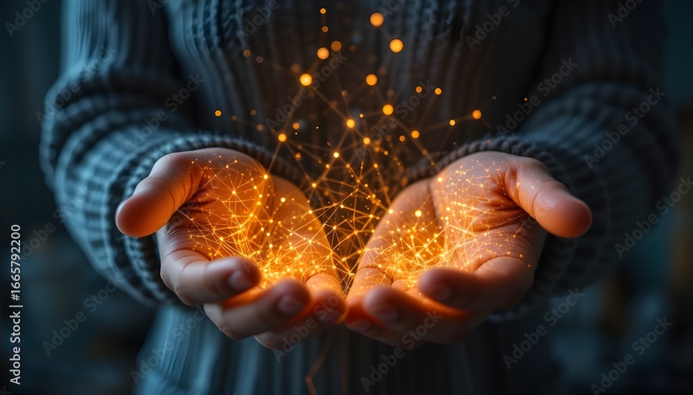 Poster hands holding glowing network of interconnected dots in a dark and mysterious atmosphere