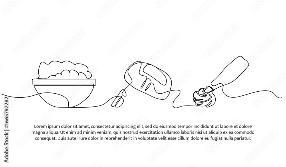Poster continuous line design of mixing the dough in a bowl. single line decorative element drawn on white.
