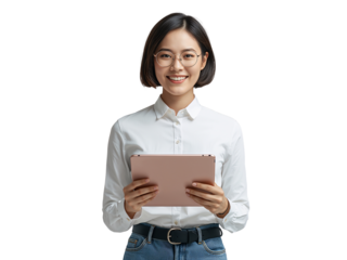 Smiling young professional woman holding a tablet on an isolated transparent backdrop