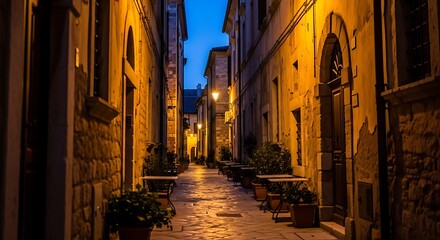 Obraz premium Charming Narrow Street in Old European Town at Dusk.