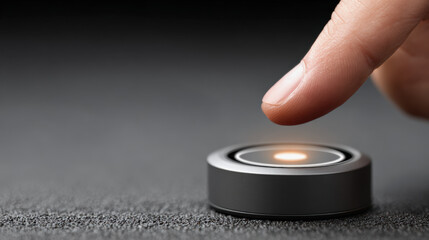 Finger hovers above sleek, modern button, ready to activate it. soft glow of button creates sense of anticipation and focus