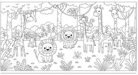 Fototapeta premium Whimsical Jungle Outlines: Giraffes, Lions, and Monkeys in a Playful Coloring Page