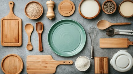 Neatly arranged collection of various kitchen tools cookware and tableware items displayed on a countertop with a rustic homey feel  The image showcases a minimalist