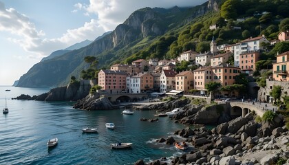 Coastal village nestled against mountains with boats in the water and buildings on the hillside