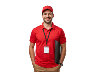 Cheerful delivery guy in red uniform, confident stance against transparent background, ready for