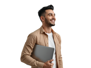 Smiling professional carrying laptop looks into bright future isolated transparent backdrop
