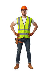 Confident construction worker in hard hat and safety vest showcasing expertise on isolated canvas