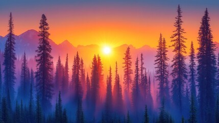 Mystical Sunset Casting a Vibrant Orange Glow Over a Foggy, Purple Pine Forest