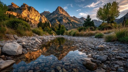 Mountain stream reflections at golden hour