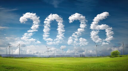 In a sunny landscape, clouds form the year 2026 above wind turbines and solar panels, symbolizing a hopeful future for renewable energy and sustainability.