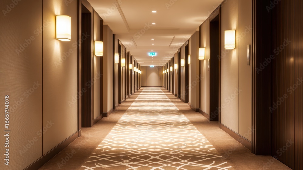 Poster elegant hotel corridor with soft lighting and patterned shadows, showcasing modern design and tranqu