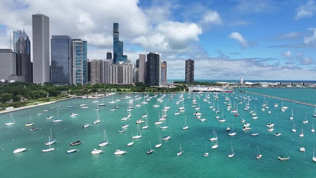 Drone Aerial View of Downtown Chicago Skyline and Lake Michigan Marina&rdquo; Chicago, Illinois, USA &ndash; Lake Michigan shoreline near Grant Park and Monroe Harbor