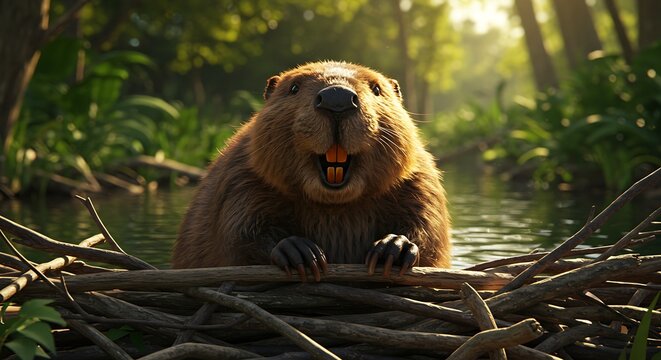 A Smiling Beaver Peeking Over a Dam with Bright Orange Teeth