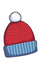 Isolated Pixel Art Knitted Red Beanie With Blue Brim On Transparent Background