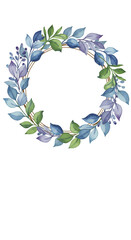 Floral Watercolor Wreath Illustration With Green Blue and Purple Leaves on Transparent Background