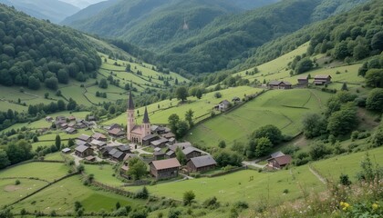 Obraz premium Aerial view of a small village with a church in a valley surrounded by green hills and mountains
