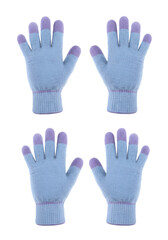 Four Pairs Of Light Blue Gloves with Purple Touchscreen Tips on Transparent Background
