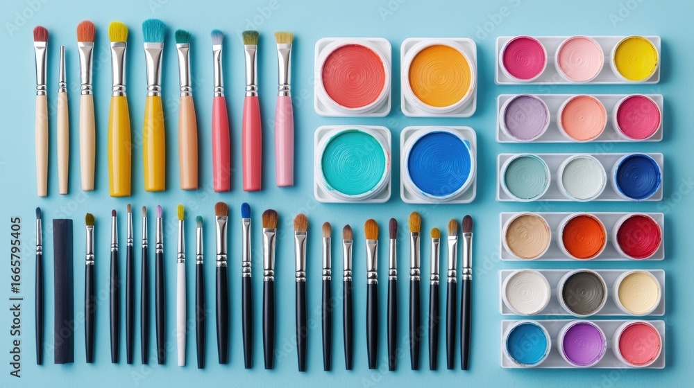Poster colorful array of art supplies including paintbrushes palettes and paints arranged on a desk or stud